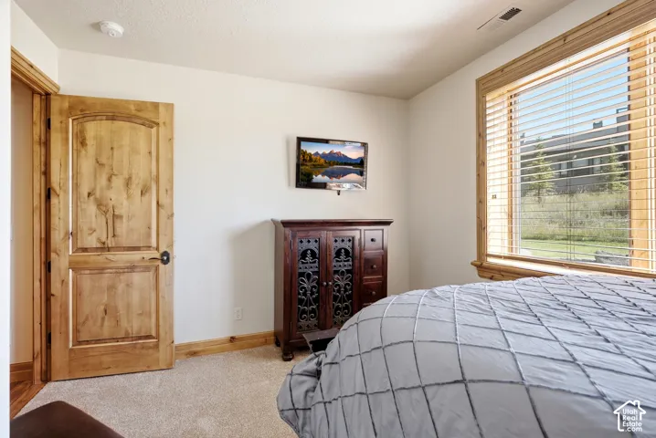 Neutral paint palette, wood-finish interior door, wood-finish window trim, and wall-to-wall carpeting
