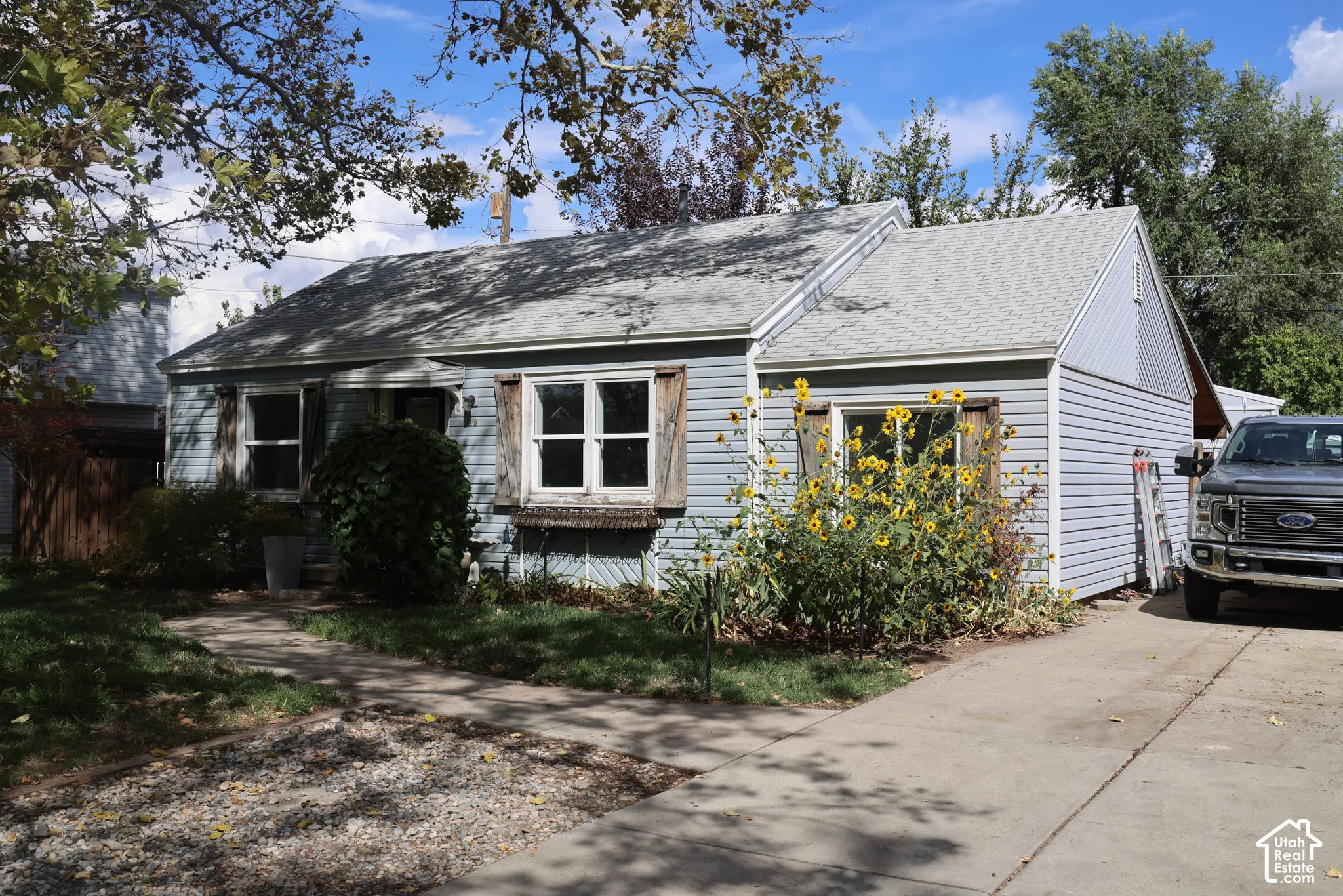 Light blue siding exterior with multiple windows and a concrete driveway