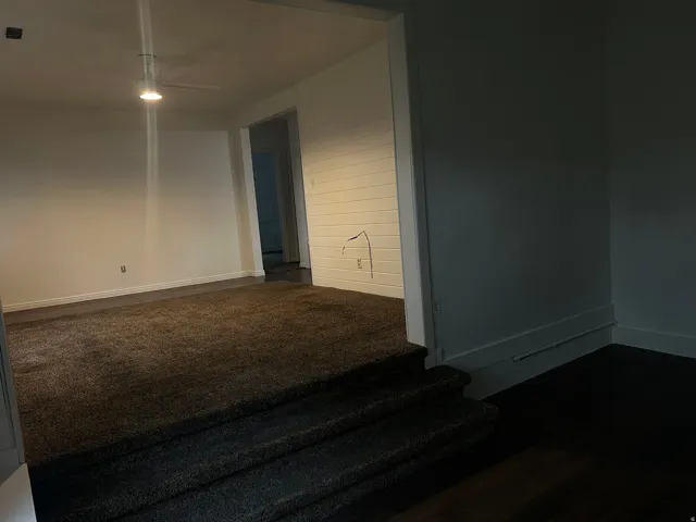 Carpeted flooring, ceiling fan with integrated lighting, white wall finishes, and wood-finish flooring