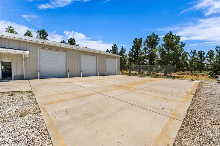 Metal-sided structure featuring multiple garage doors, a concrete driveway, and surrounding mature trees