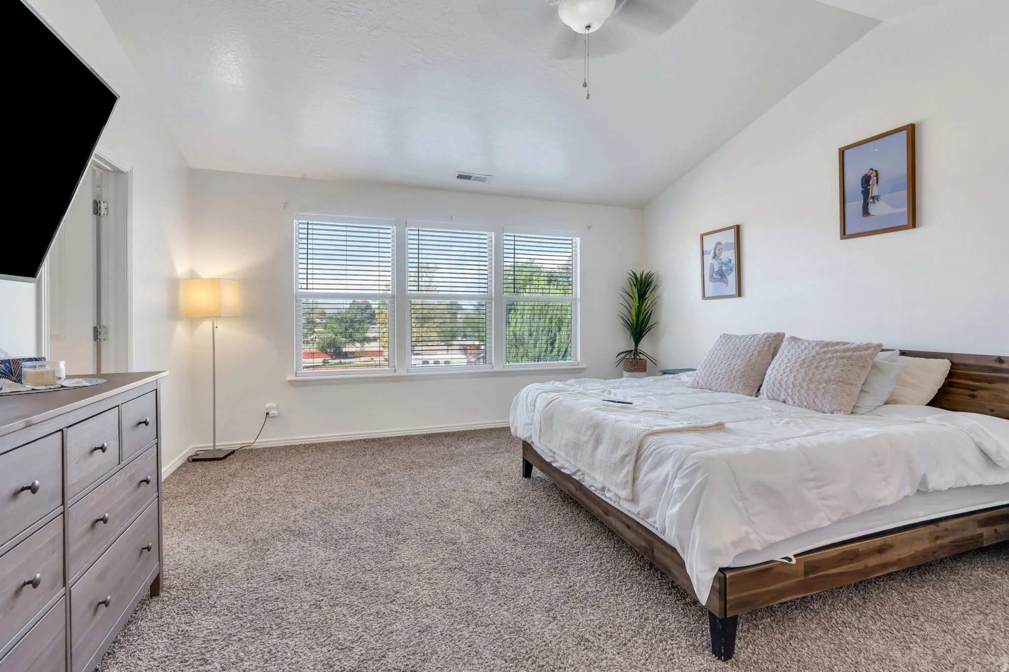 Vaulted ceiling, ceiling fan, three large windows with blinds, and carpeted flooring
