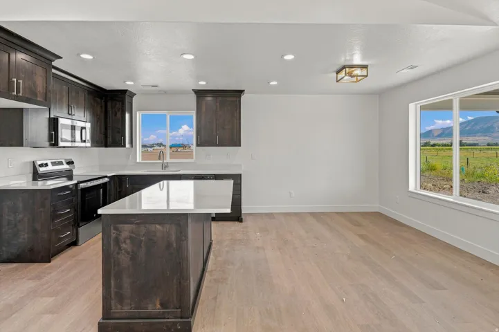 Kitchen featuring dark wood-finish cabinetry, light countertops, stainless steel appliances, and a central island with an extended counter