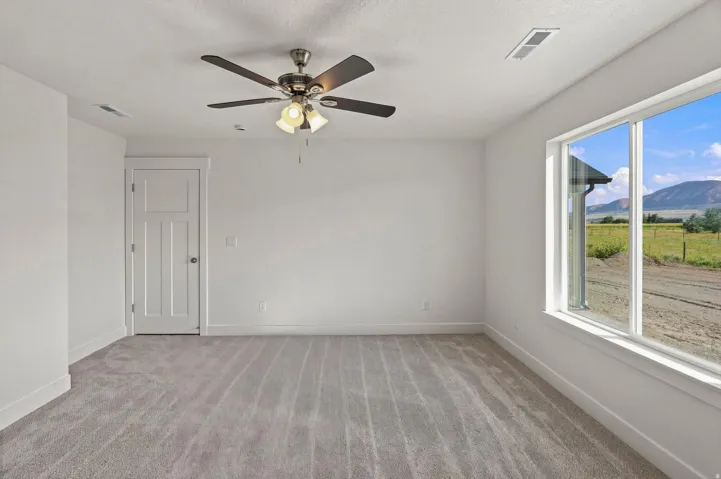 Neutral-toned carpeting, ample natural light, a contemporary ceiling fan with lighting, and a white paneled door