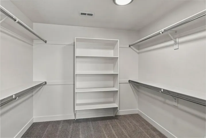 Recessed lighting, wall-mounted shelving, built-in storage unit, and carpet flooring