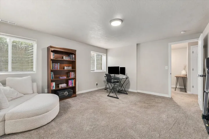 Carpeted room with light gray walls, two windows with blinds, and a built-in light fixture