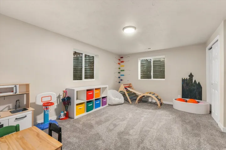 Carpeted room with light-toned walls, two windows, and a white interior door