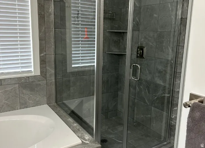 Glass-enclosed shower with dark tile surround, built-in shelving, and a separate soaking tub
