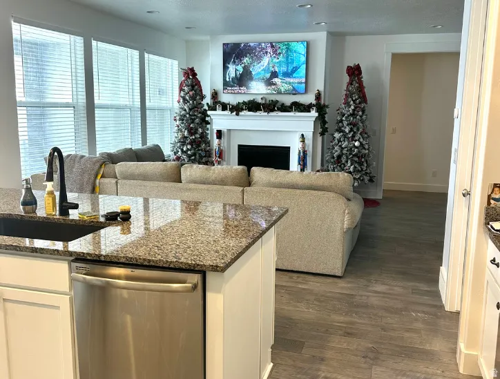 Kitchen island with granite-style countertop, stainless steel dishwasher, and undermount sink with a gooseneck faucet