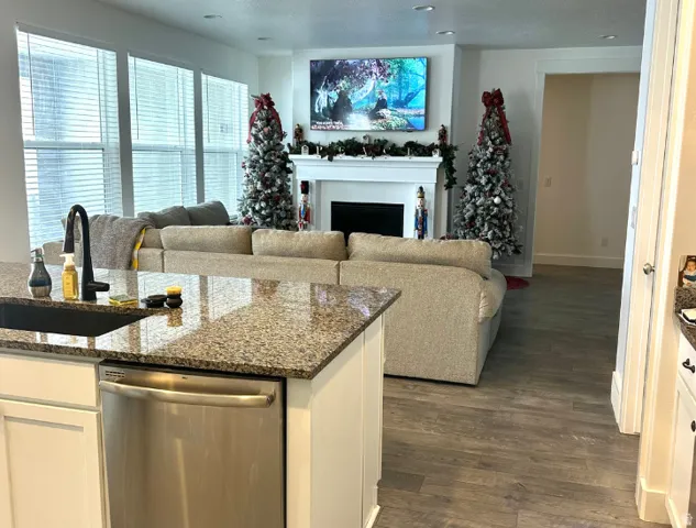 Kitchen island with granite-style countertop, stainless steel dishwasher, and undermount sink with a gooseneck faucet