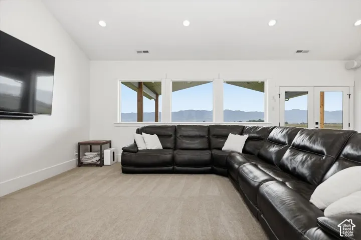 Recessed lighting, large wall-mounted display, multiple windows, double-pane patio doors, and wall-to-wall carpeting