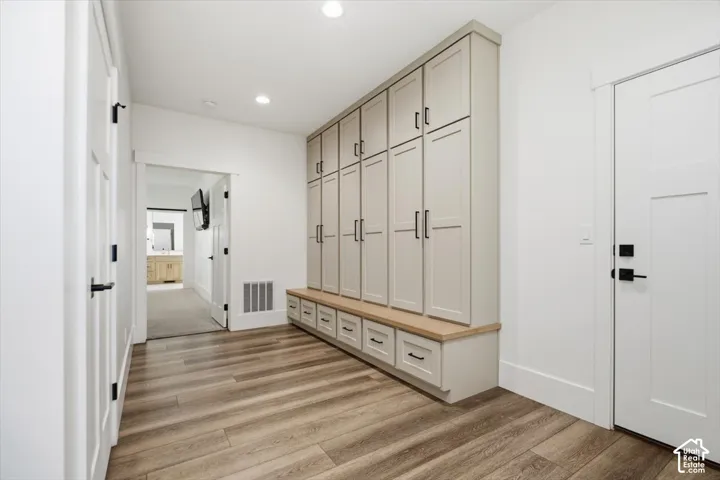 Built-in cabinetry with matte black hardware, wood-finish flooring, recessed lighting, and a solid core door