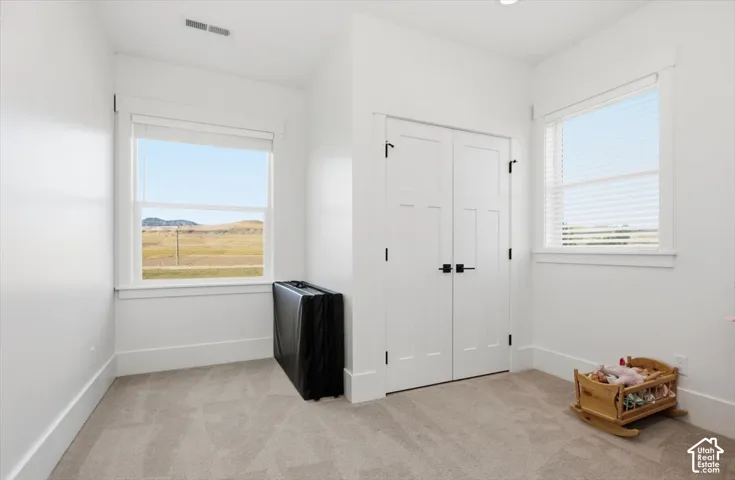 Two windows with natural light, neutral wall paint, white trim, carpeted flooring, and a white paneled closet door