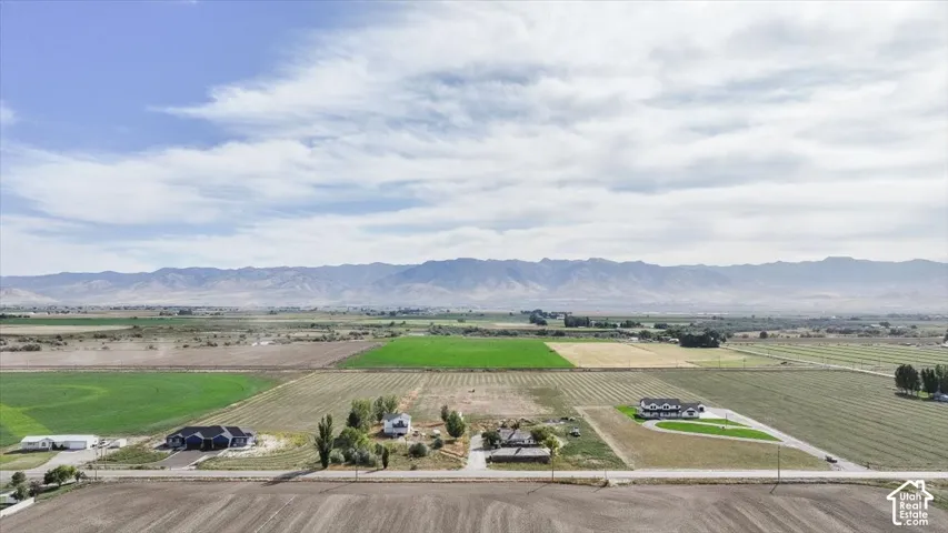 Agricultural landscape with distant mountains