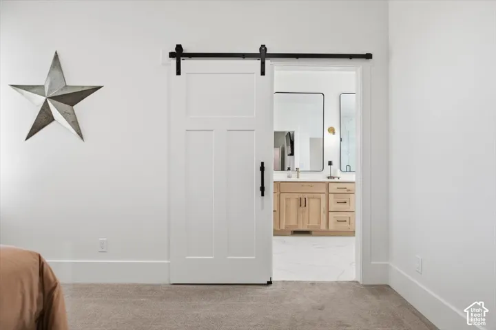 White paneled barn door with black hardware, opening to a bathroom with a wood-finish vanity, two rectangular mirrors, and a wall-mounted light fixture