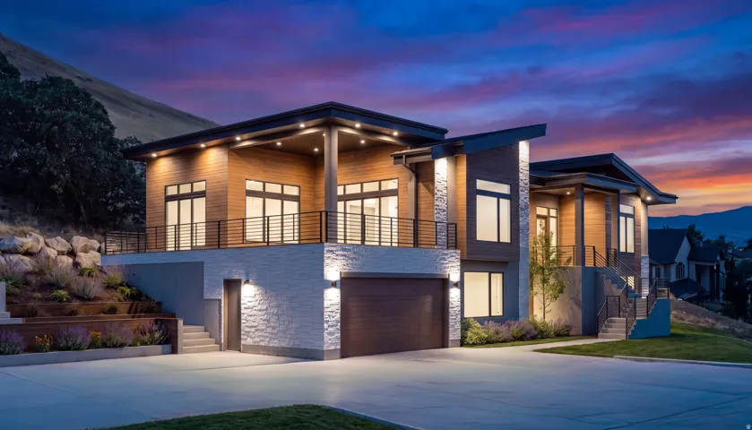 Modern architectural design featuring extensive wood paneling and stone accents