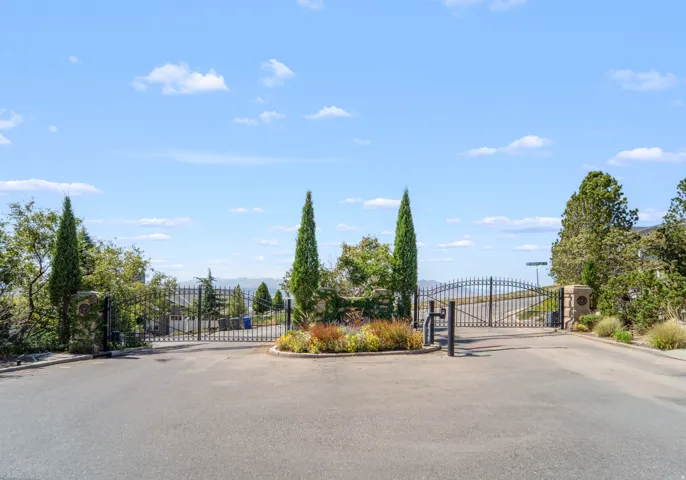 Ornate wrought iron gate with stone pillar accents and established landscaping