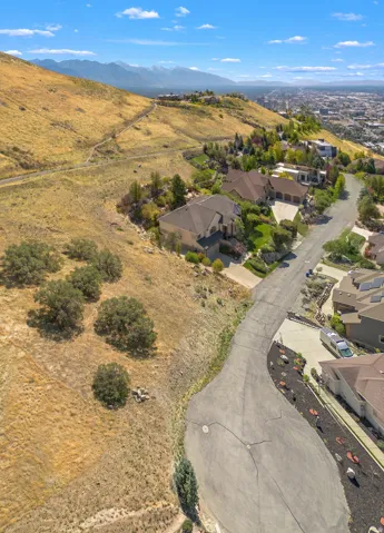Hillside residential setting with sweeping mountain and city backdrops, featuring a paved roadway and properties with mature landscaping