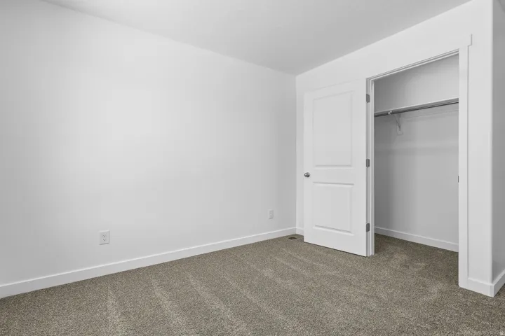 Plush carpet flooring, white walls, and a built-in closet with hanging rod