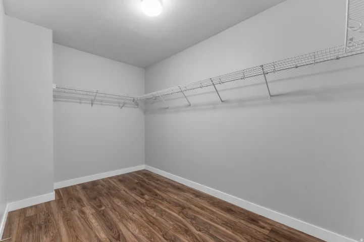 Spacious closet with wire shelving, wood-finish flooring, and a ceiling-mounted light fixture