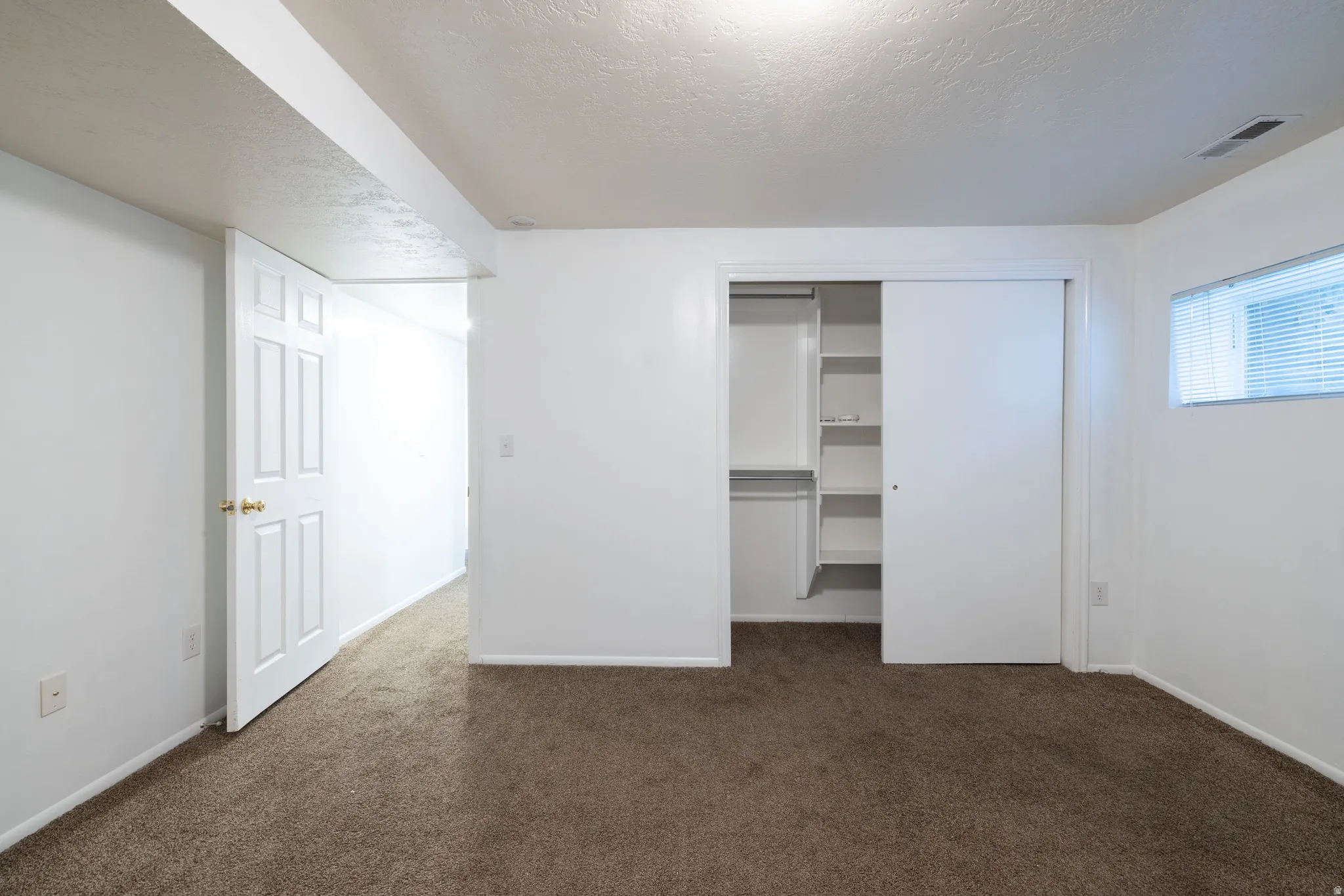 Carpeted room featuring a built-in closet with shelving and sliding doors, a white paneled door, and a horizontal window with blinds