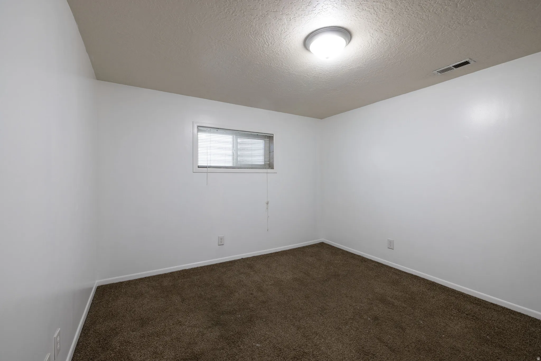 Neutral white walls with brown carpet flooring, featuring a single window and overhead flush-mount lighting