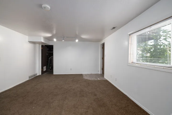 White walls with track lighting, a window with horizontal blinds, and a combination of carpet and wood-finish flooring