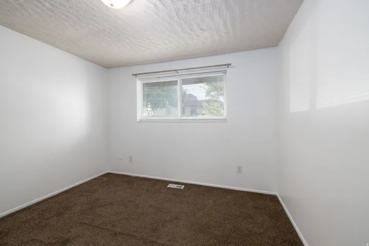 Window with horizontal blinds, flush mount ceiling light fixture, and brown carpeting
