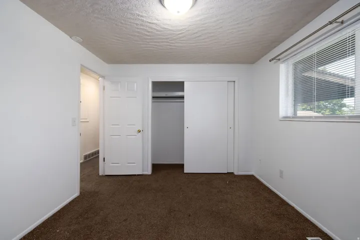 Wall-to-wall carpeting, window with blinds, and white interior doors