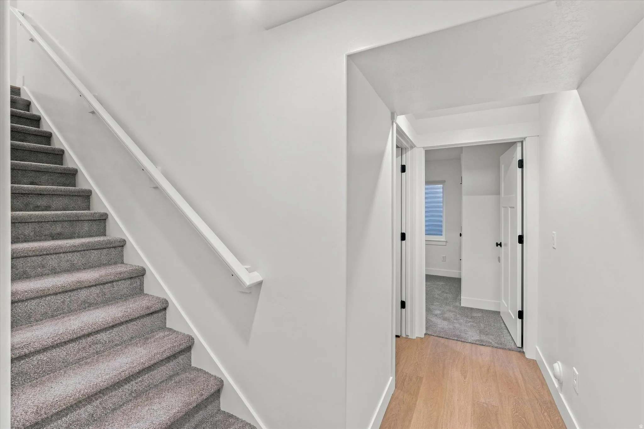 Carpeted staircase with white handrail and wood-finish flooring in hallway