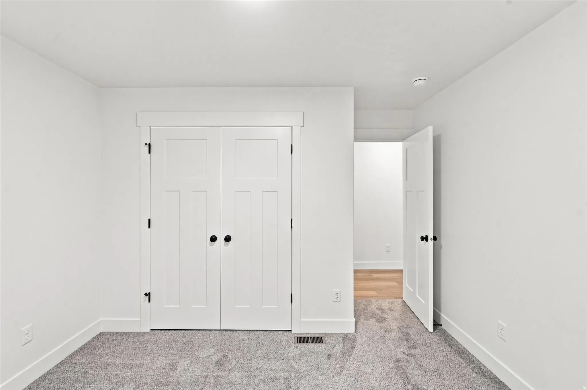 White interior paint, carpeted flooring, white trim, white paneled doors with matte black hardware, and an overhead light fixture