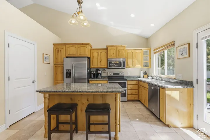 Vaulted ceiling with recessed lighting, wood cabinetry, granite-finish countertops, stainless steel appliances, and a kitchen island with seating