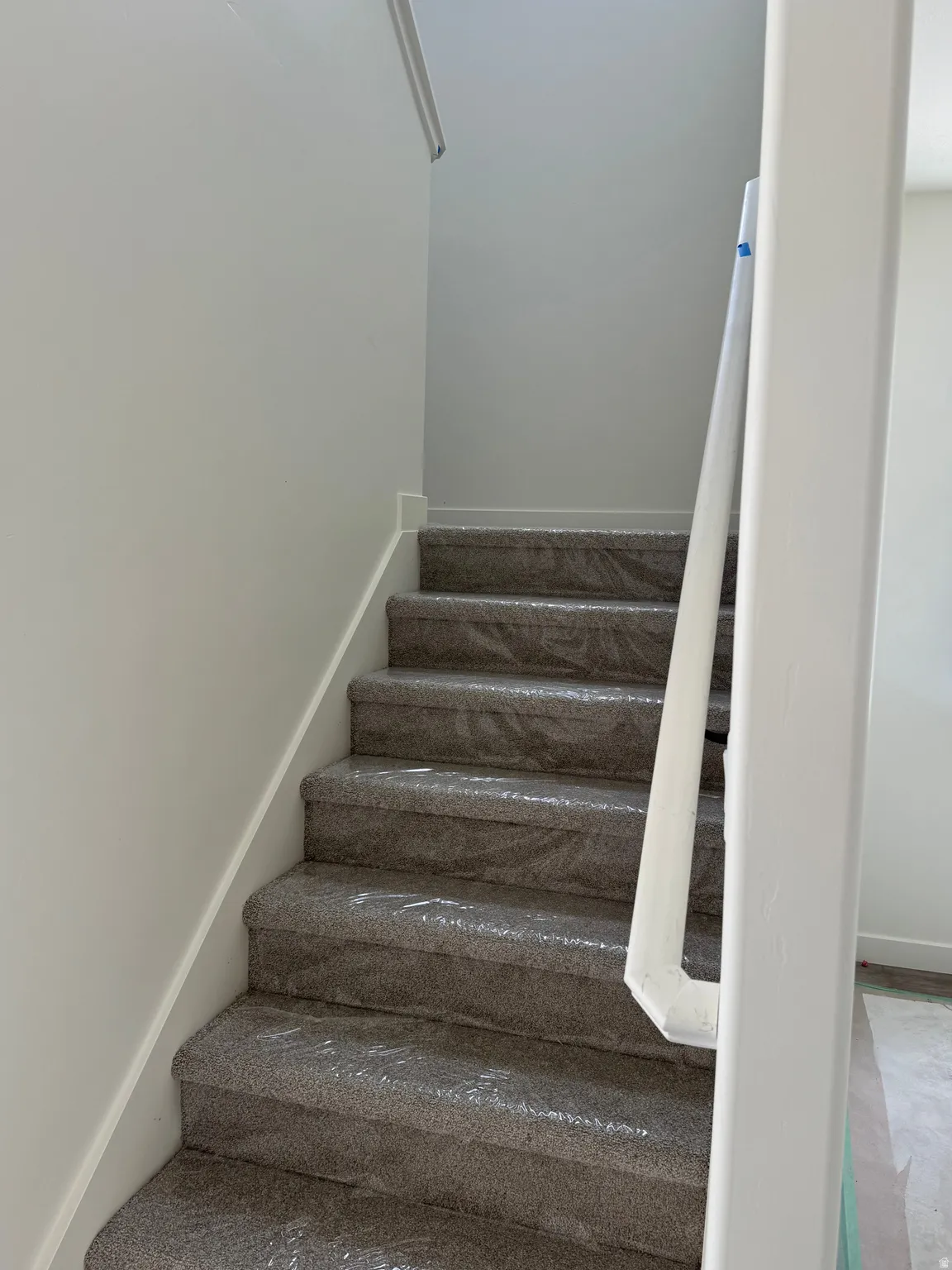 Staircase with carpeted treads and a white painted handrail