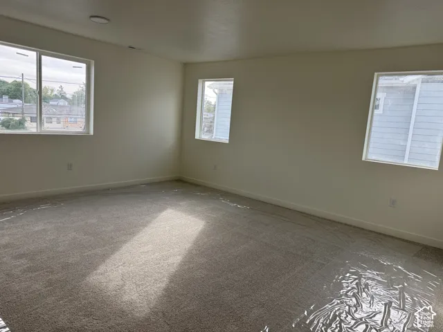 Neutral-toned walls complement the plush carpeting