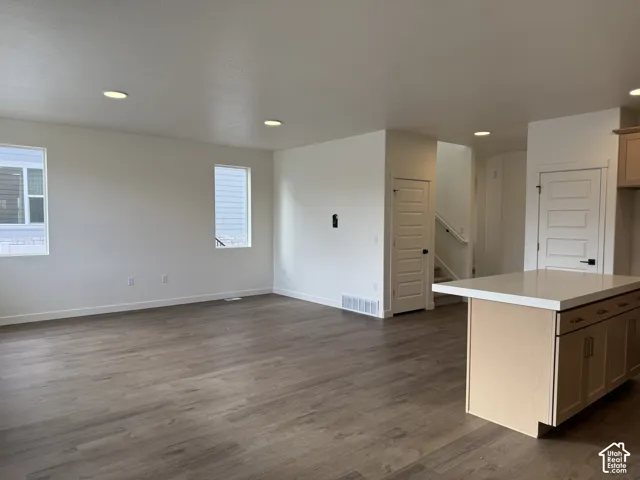 Open-concept interior featuring wood-finish flooring, recessed lighting, and a central island with a solid-surface countertop