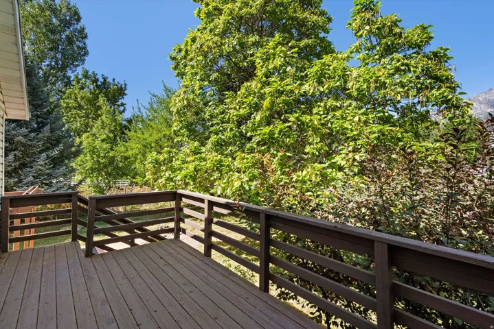 Expansive wood deck with a perimeter railing, surrounded by mature trees