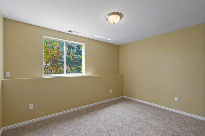 Recessed window with exterior scenery, overhead flush mount light fixture, textured ceiling, and neutral carpet flooring