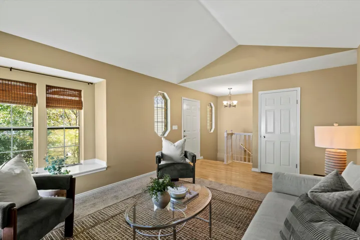 Vaulted ceiling, dual pane windows, wood-finish flooring, paneled doors, and a decorative wall mirror