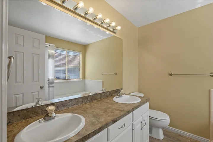Dual vanity with white cabinetry, a spacious countertop, and oval undermount sinks