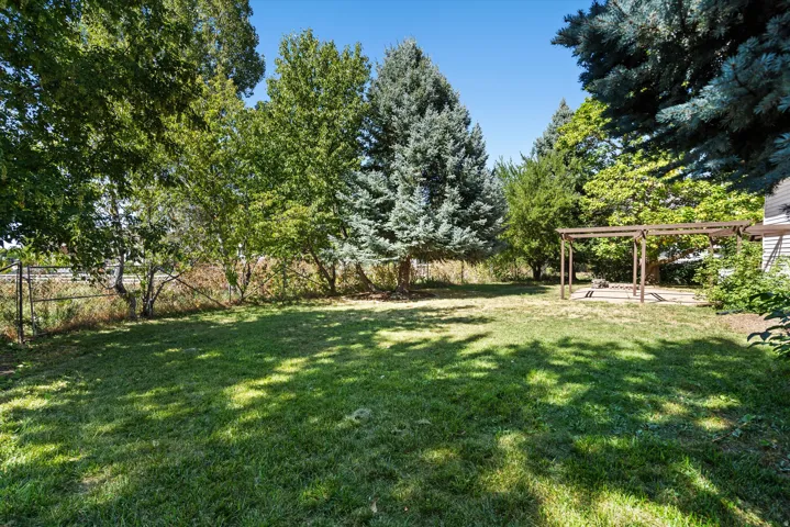 Expansive backyard featuring a green lawn, mature trees, a metal pergola, and a concrete patio