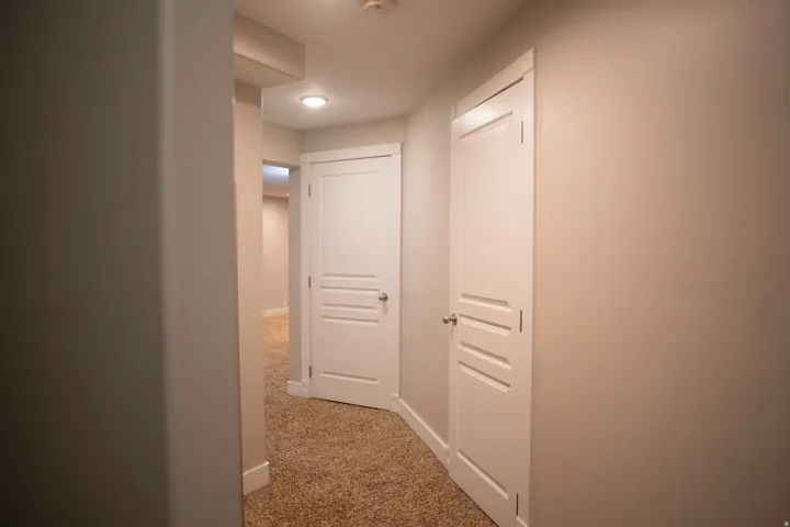 Basement hallway featuring neutral wall finishes, warm-toned carpet, and white paneled doors