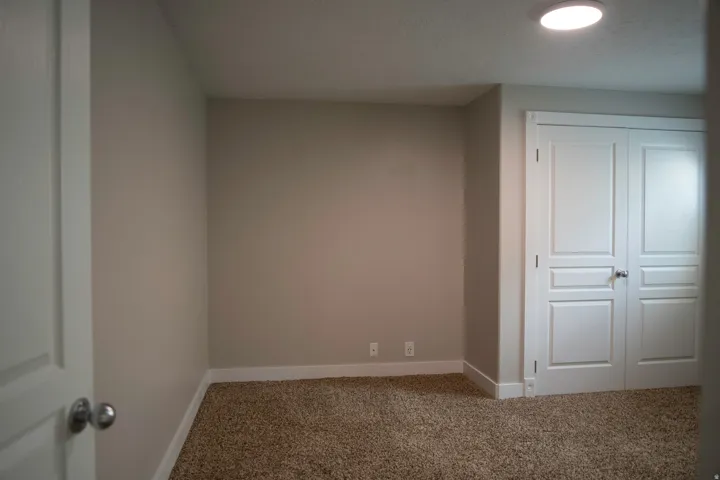 Plush carpet flooring, neutral painted walls, white trim, recessed ceiling lighting, and solid core doors