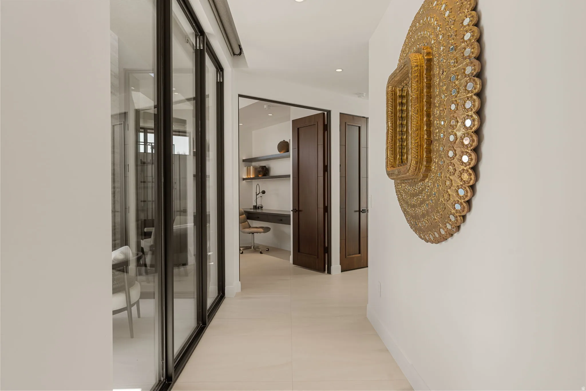 Full-height glass panels with dark framing