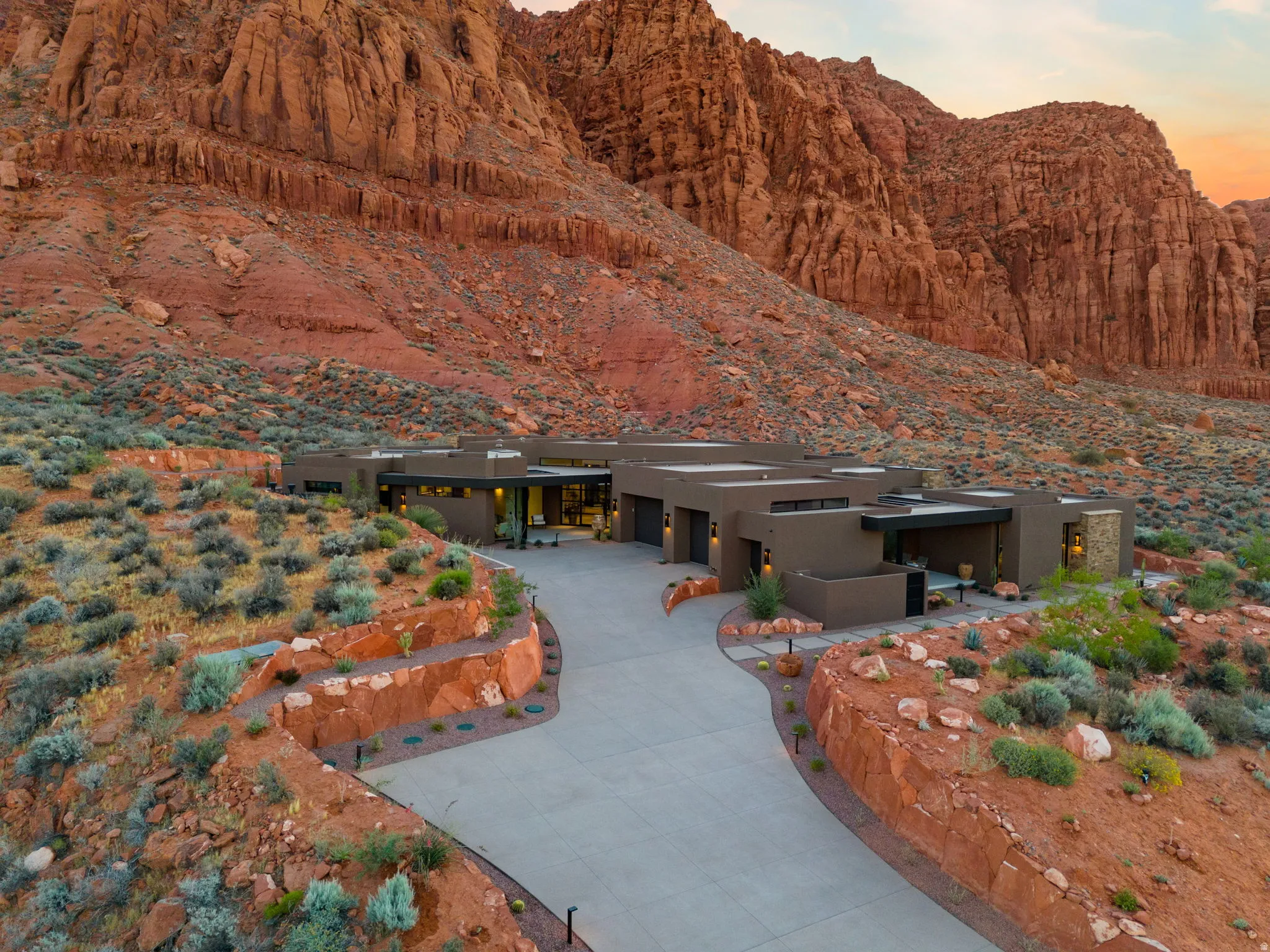 Modern desert architecture with a flat roofline and stucco exterior