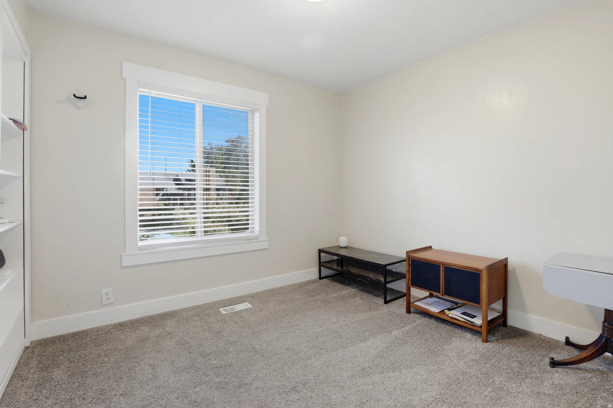 Built-in shelving unit, neutral wall finish, carpeted flooring, and a window with blinds