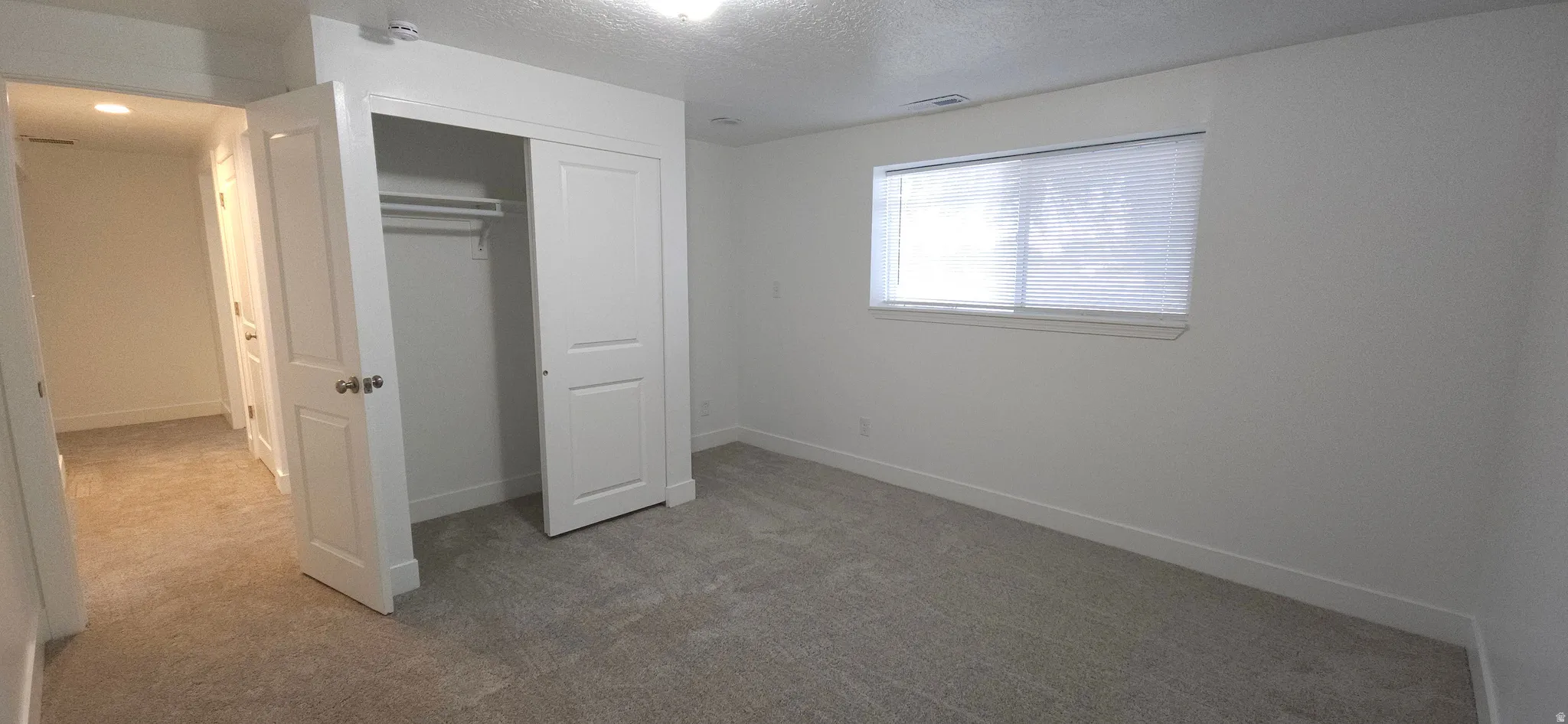 Neutral wall finishes, carpeted flooring, built-in closet with sliding doors, and window with roller shade