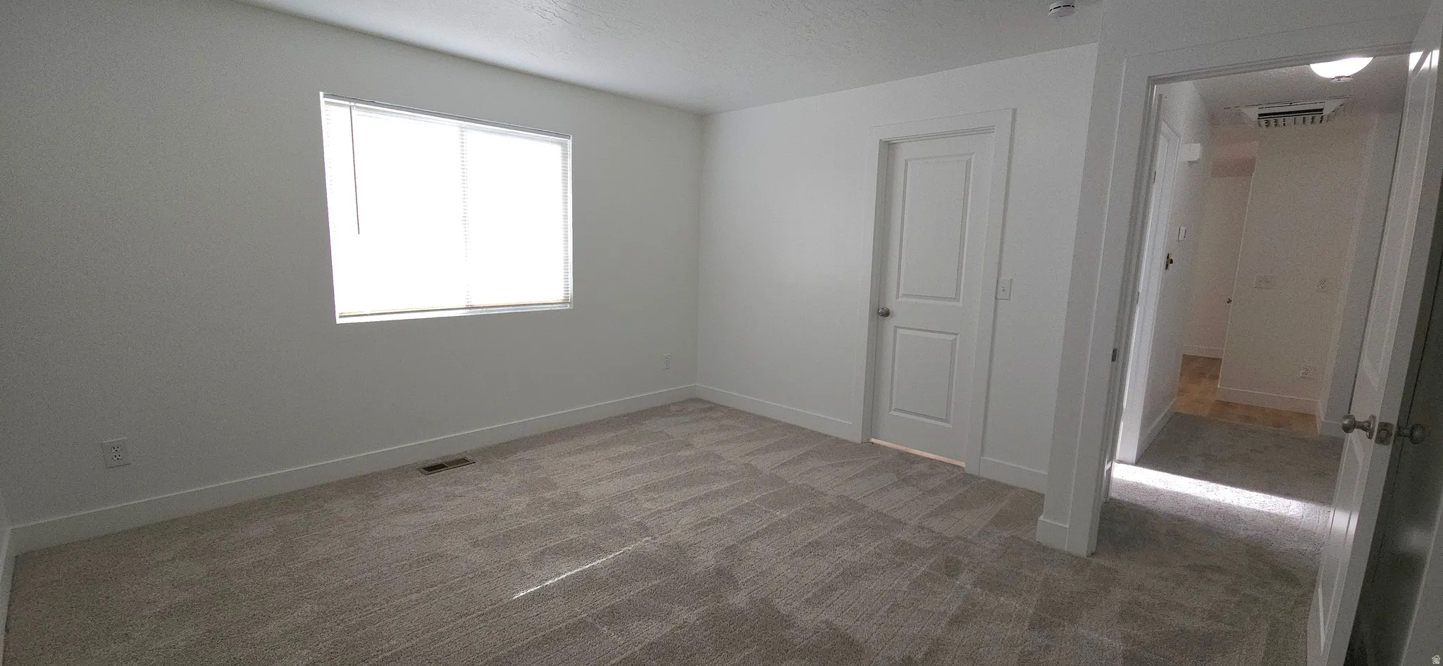 Neutral wall paint with carpet flooring, a two-panel interior door, and a single window with blinds