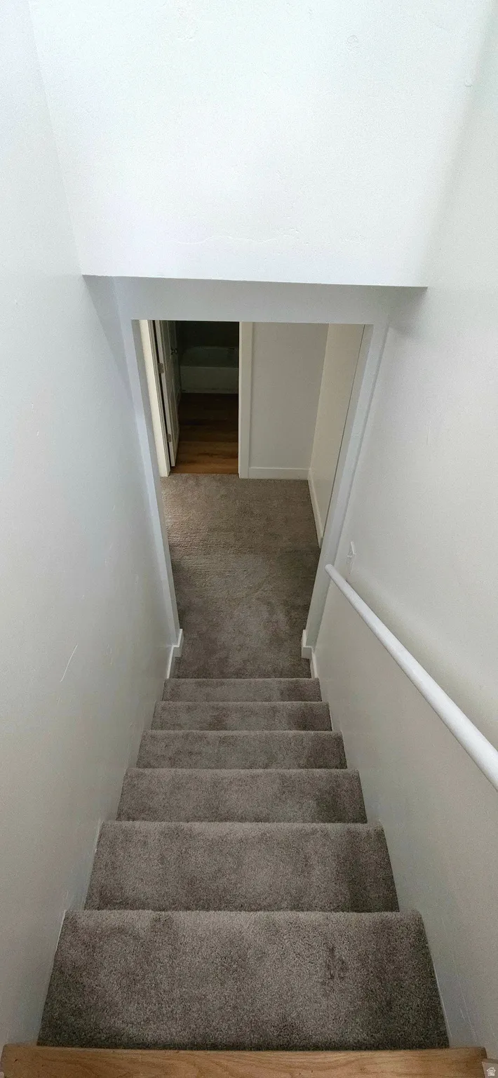 Carpeted staircase with a white handrail, leading to a carpeted hallway with a doorway revealing wood-finish flooring