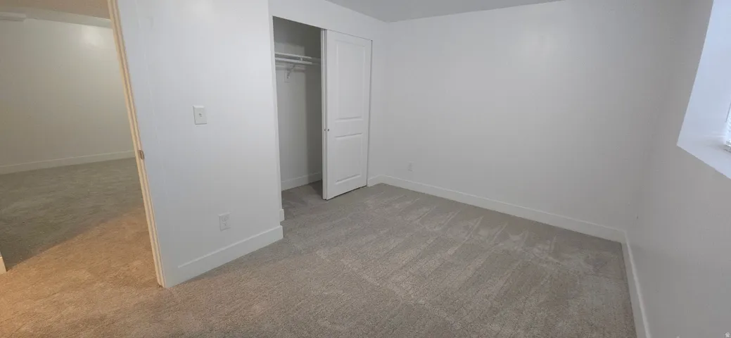 Neutral-toned carpeting, white walls, and a closet with a bi-fold door