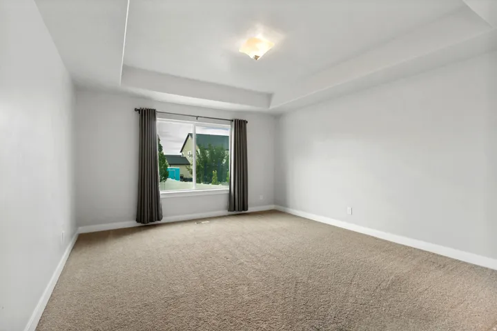 Recessed tray ceiling with a central light fixture, neutral carpet flooring, and a large window