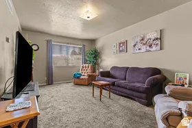Wall-to-wall carpeting and neutral wall paint create a versatile living space